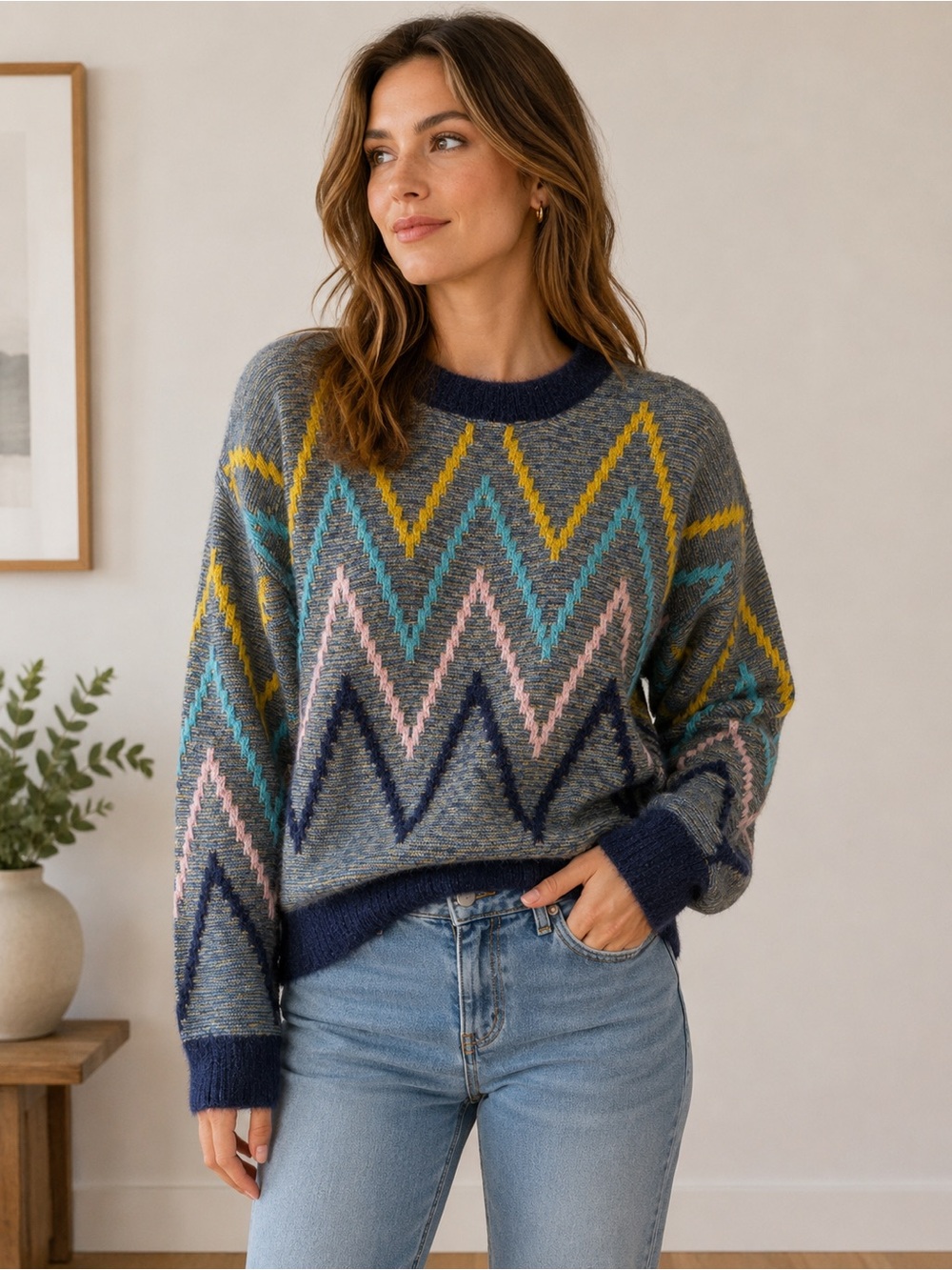Fate Chevron Pattern Multicolor Crewneck Sweater Medium